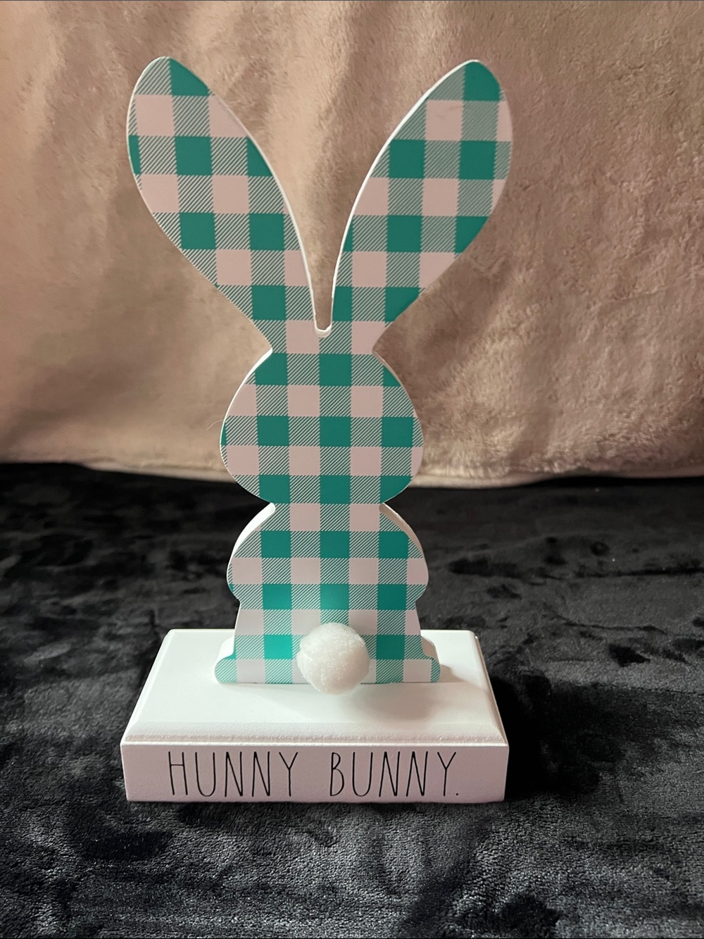 Rae Dunn Teal Gingham Bunny Table Decor